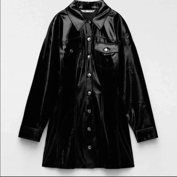 zara leather mini dress New Arrival ZARA Faux Leather Mini Dress Elevate your look with this stylish vegan leather dress from Zara ~ Sz Small Long sleeve with ruching detail at the front and a V